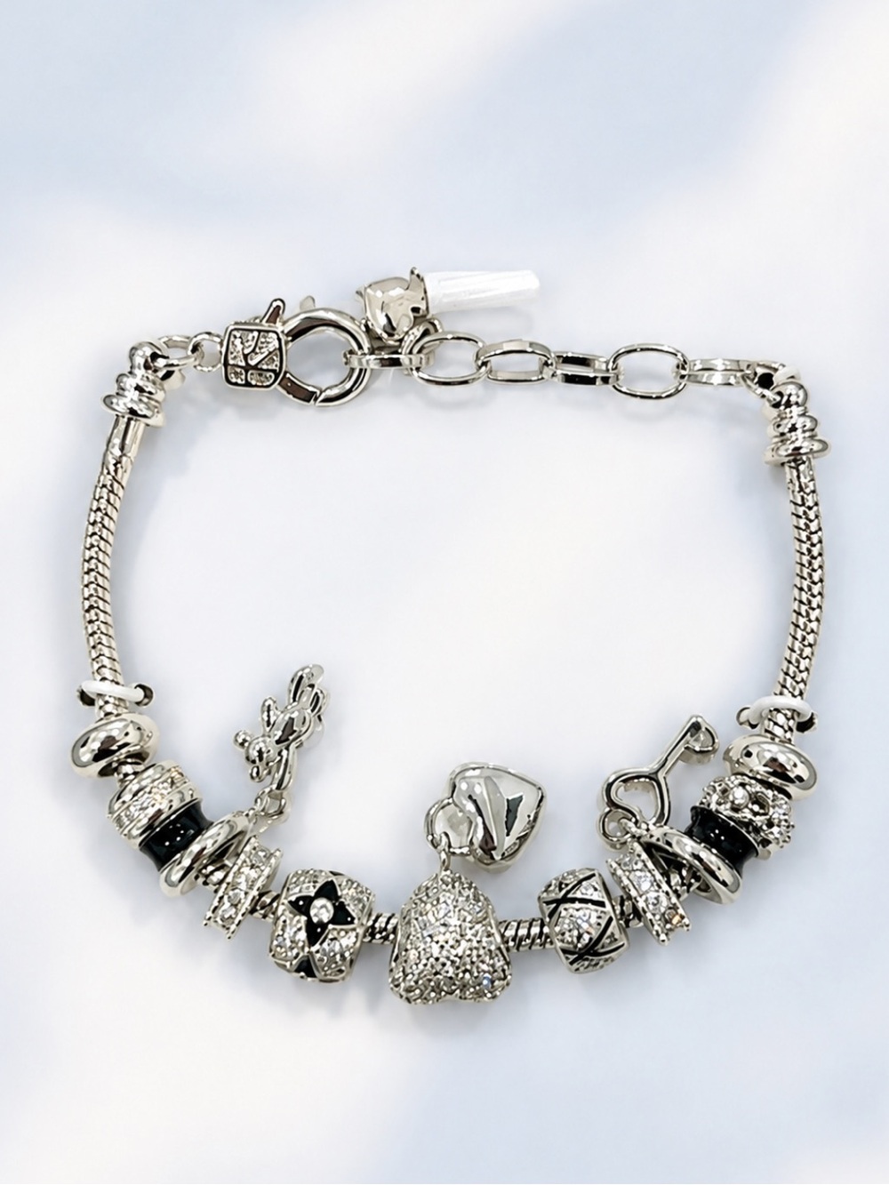 Sterling Silver Charm Bracelet with Sparkling Heart and Mixed Charms